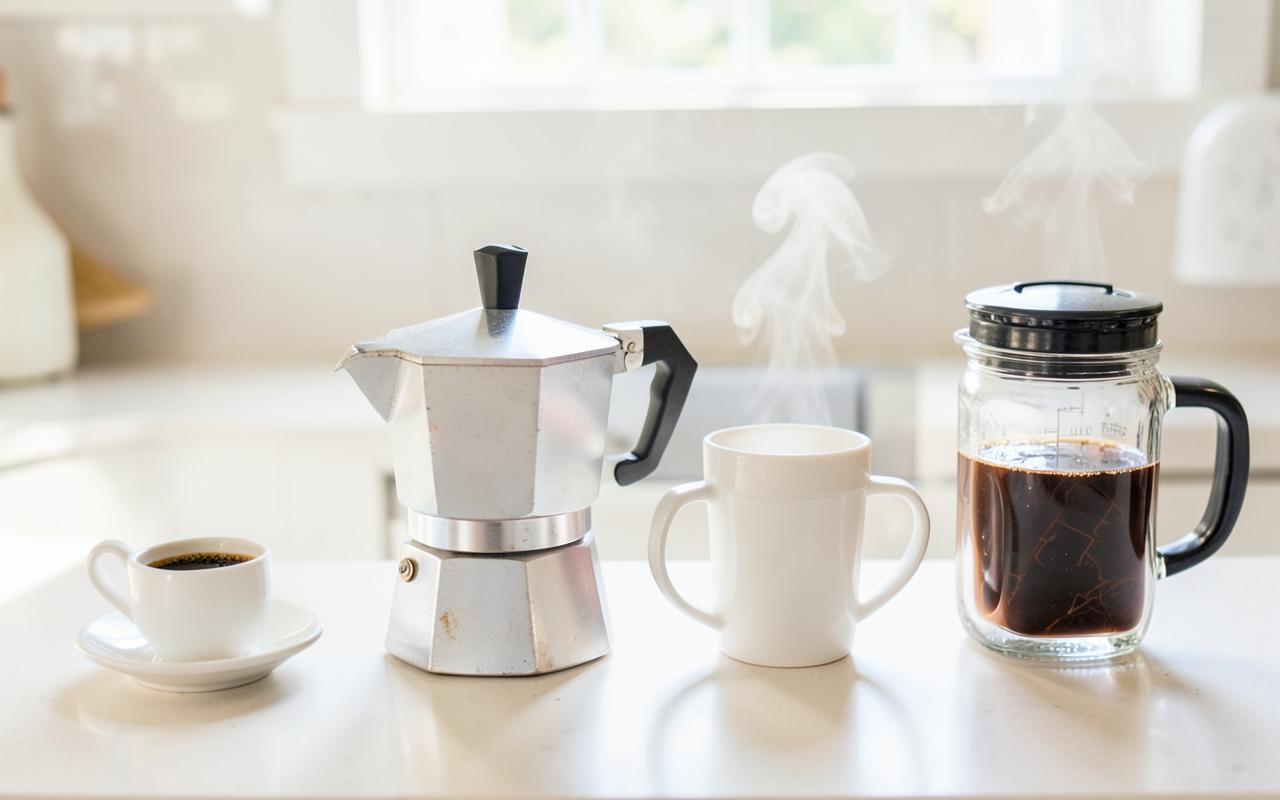 An espresso cup, a moka pot, a mug and a French press lined up on a kitchen counter