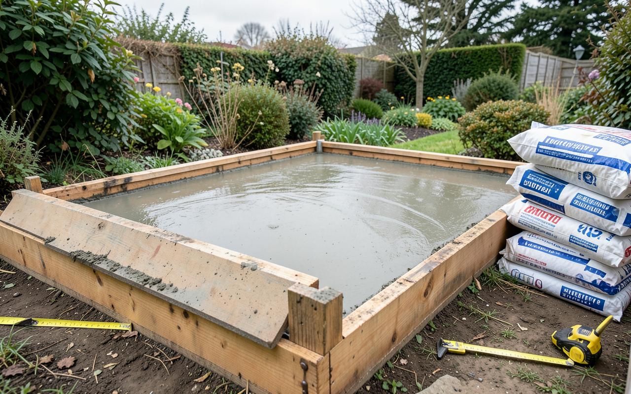 A freshly poured concrete slab inside timber formwork with cement bags and a tape measure beside it
