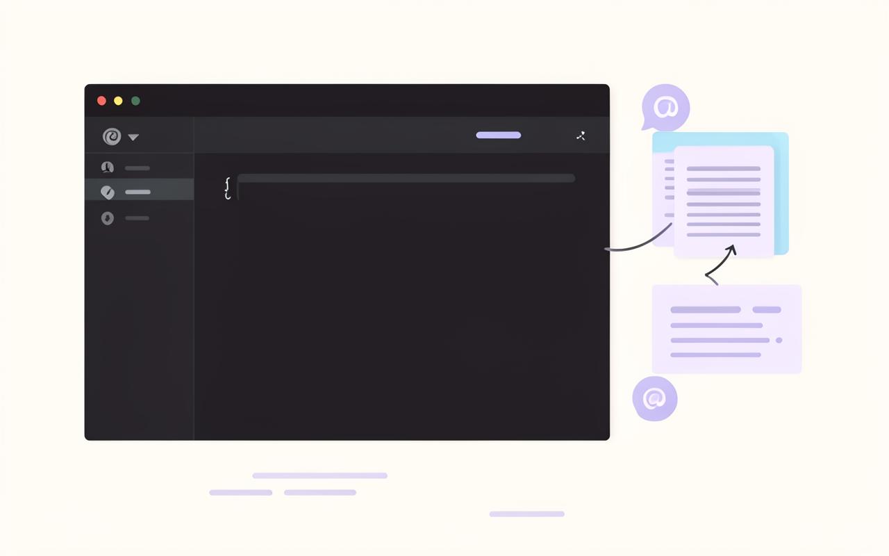 Diagram of a code editor with a chat panel, an @ symbol and documentation pages flowing into the chat