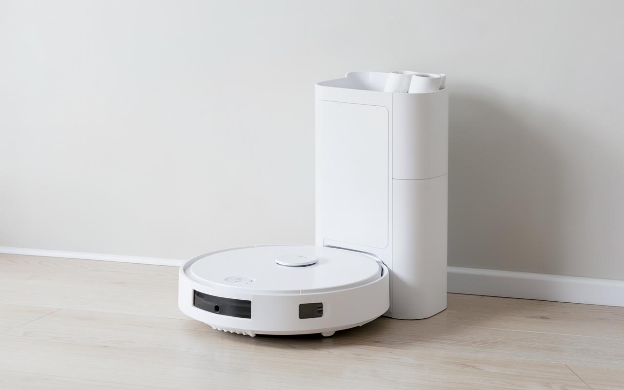 A white robot vacuum docked at a tall auto-empty station with water tanks