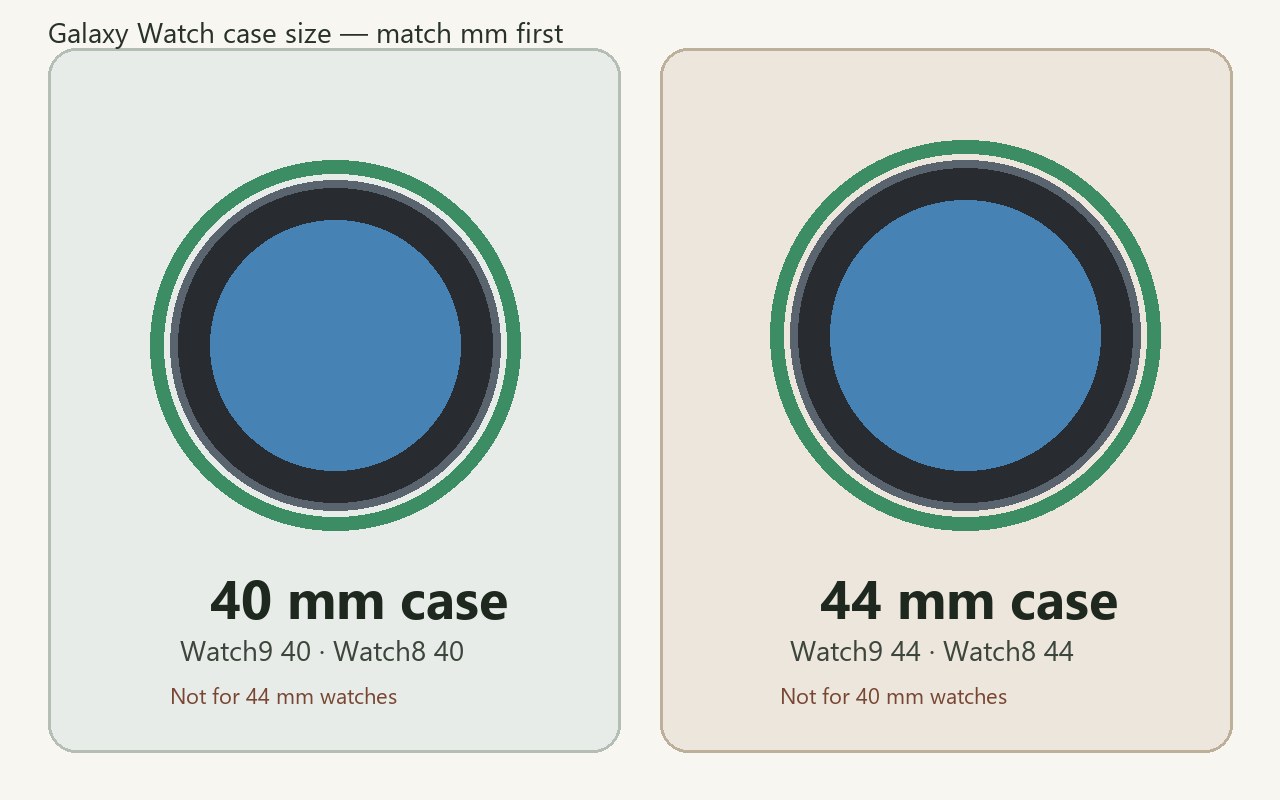 Diagram comparing 40 mm and 44 mm Galaxy Watch case sizes