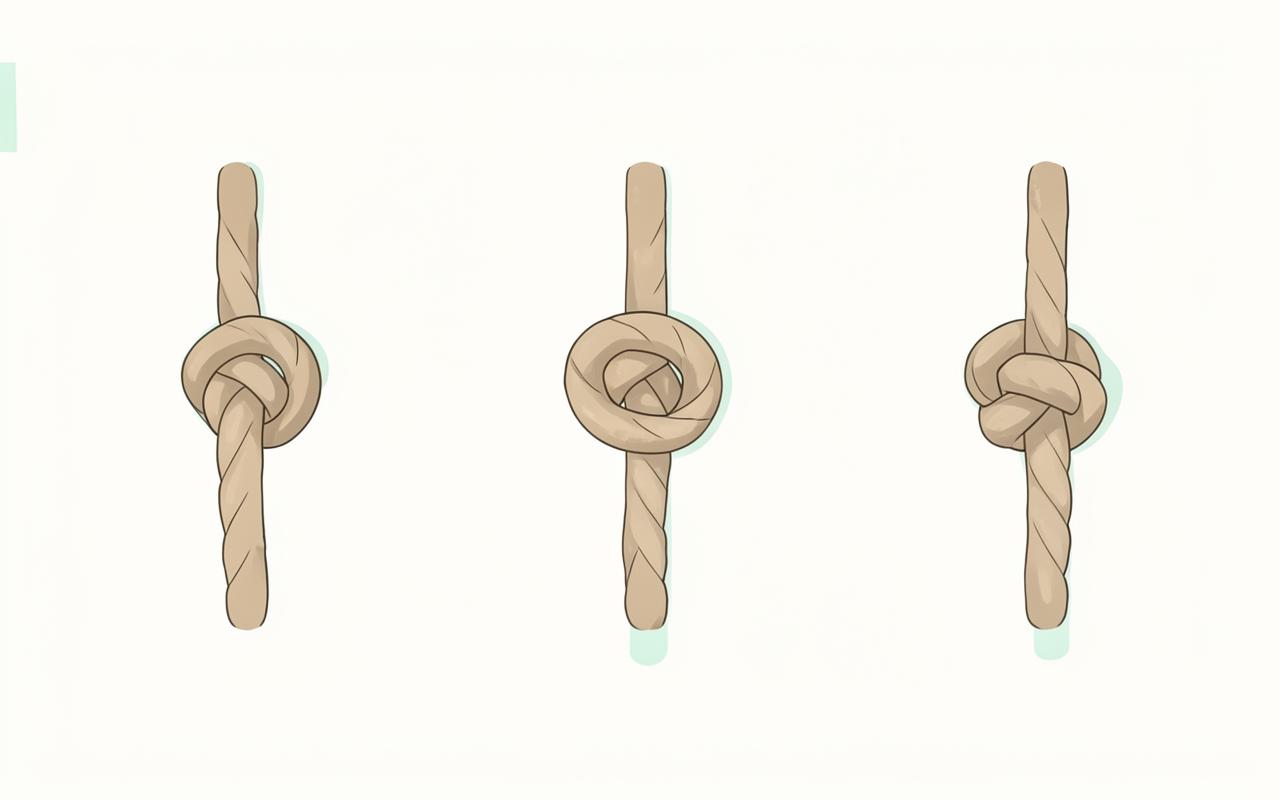 Three stages of a knot being tied in thick rope