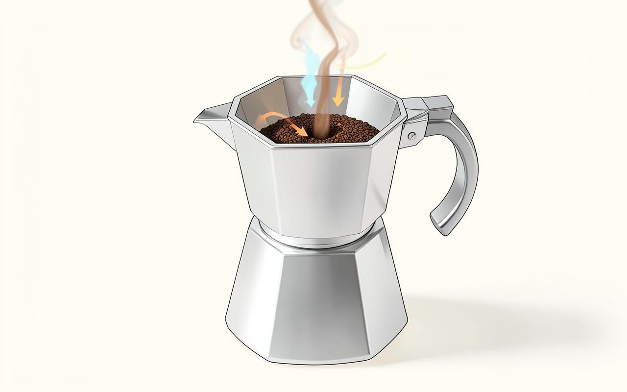 Cutaway drawing of a moka pot showing the water base, coffee funnel and brewed coffee rising into the top chamber