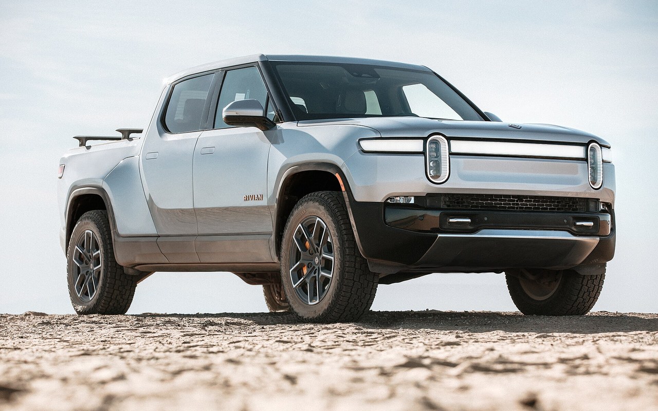 Rivian R1T electric pickup truck, front three-quarter view