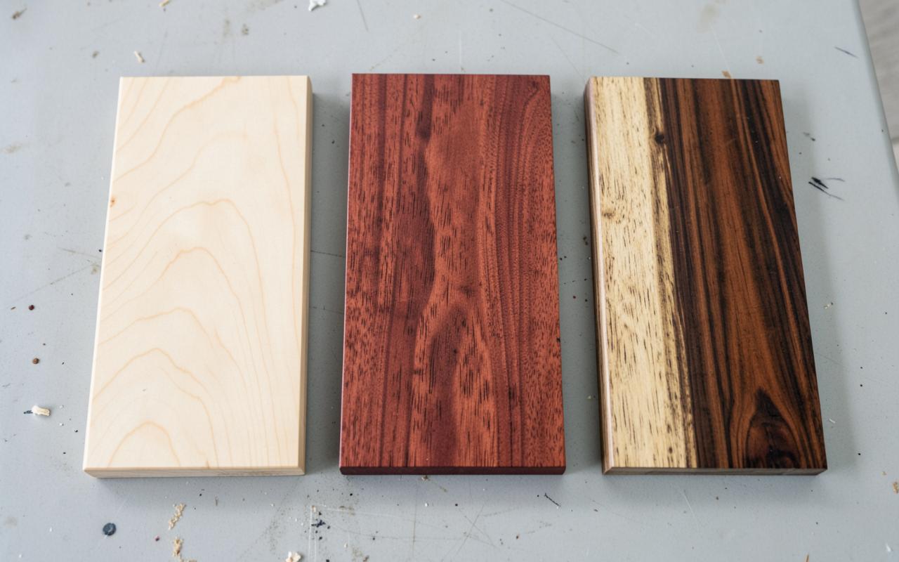 Three wood samples with different grain and colour on a workbench: pale, reddish and dark streaked